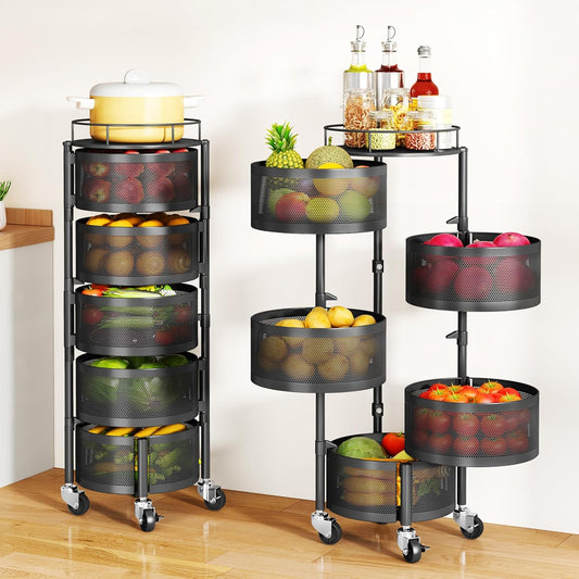 5-Tier Rotating Fruit & Vegetable Basket – Rolling Kitchen Storage Rack with Wheels & Lid – Black