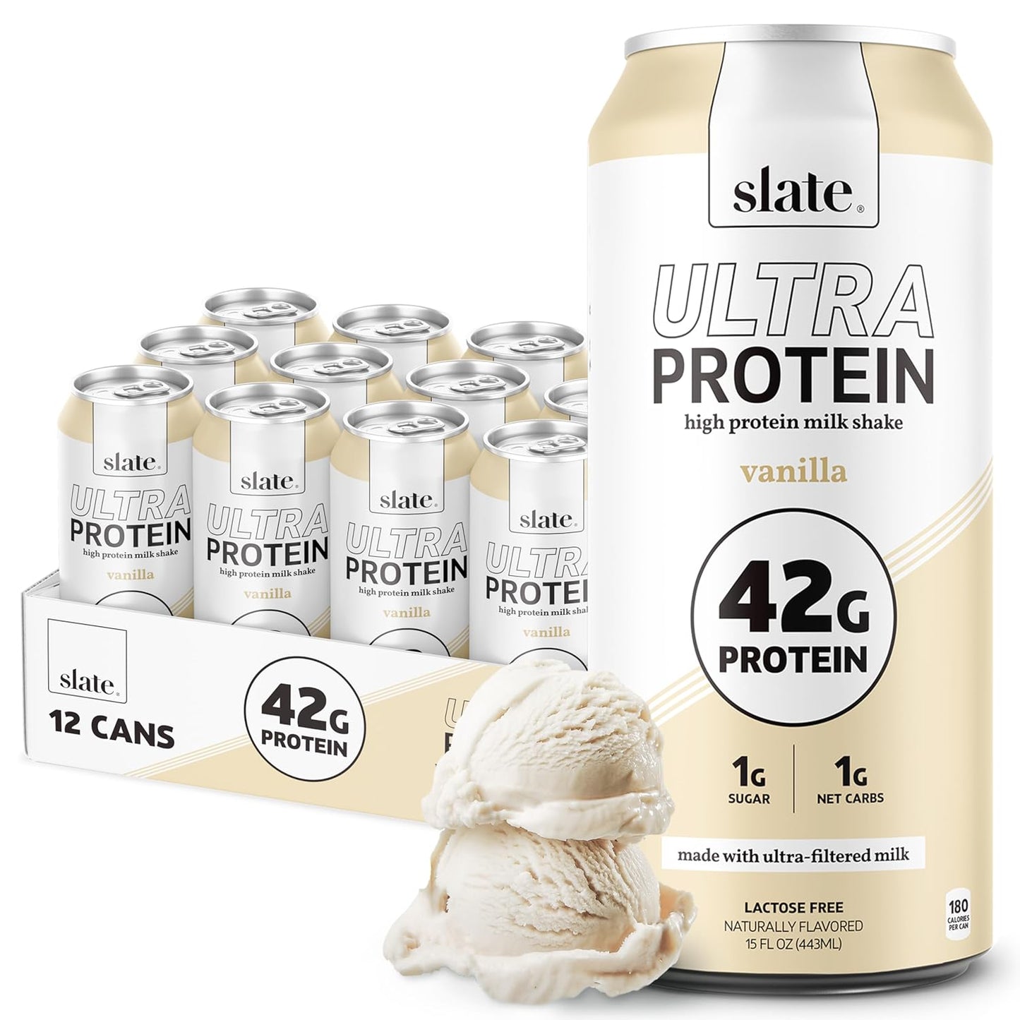 Ultra Protein Shake – Vanilla – 42g Protein, 1g Sugar, 180 Calories, 1g Net Carbs – Lactose Free, No Added Sugar – 15 fl oz (12 Cans)