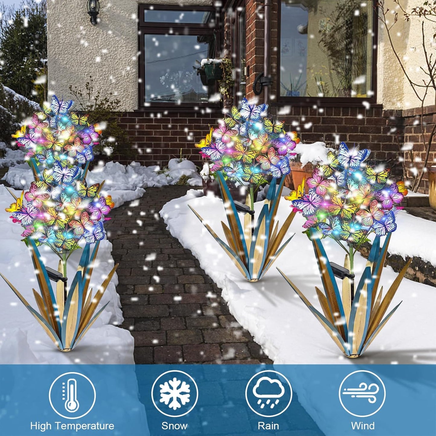 Solar Metal Agave Garden Stakes (3 PCS Blue) – Butterfly & Sunflower Outdoor Decor with Swaying Solar Lights for Yard, Patio & Lawn