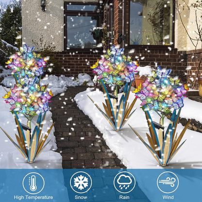 Solar Metal Agave Garden Stakes (3 PCS Blue) – Butterfly & Sunflower Outdoor Decor with Swaying Solar Lights for Yard, Patio & Lawn