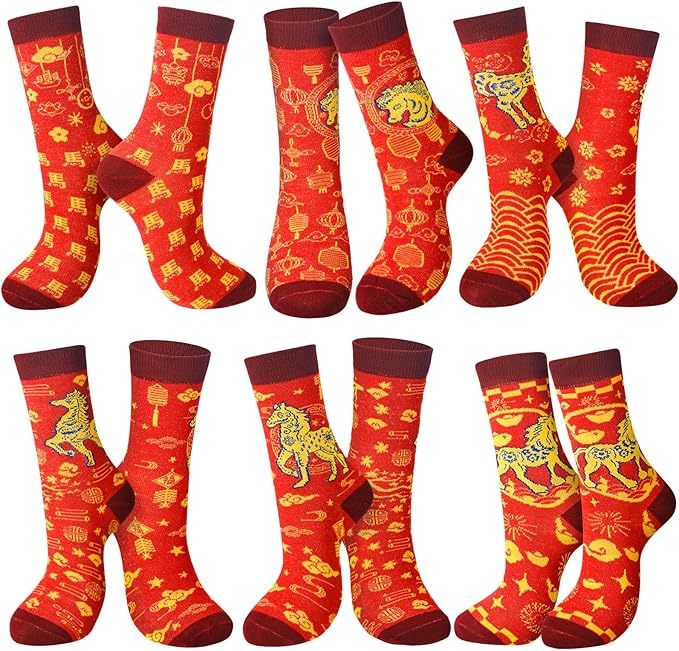 12 Pairs Chinese New Year Horse Socks 2026 - Red Fortune Cotton Socks for Men and Women