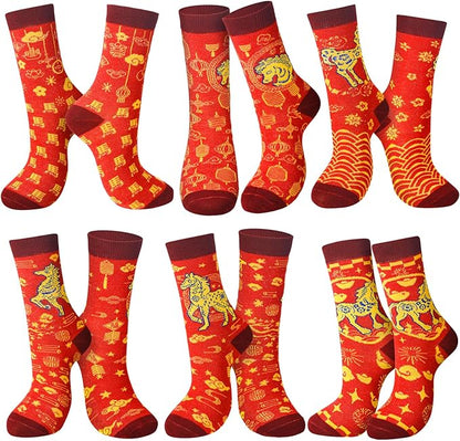 12 Pairs Chinese New Year Horse Socks 2026 - Red Fortune Cotton Socks for Men and Women