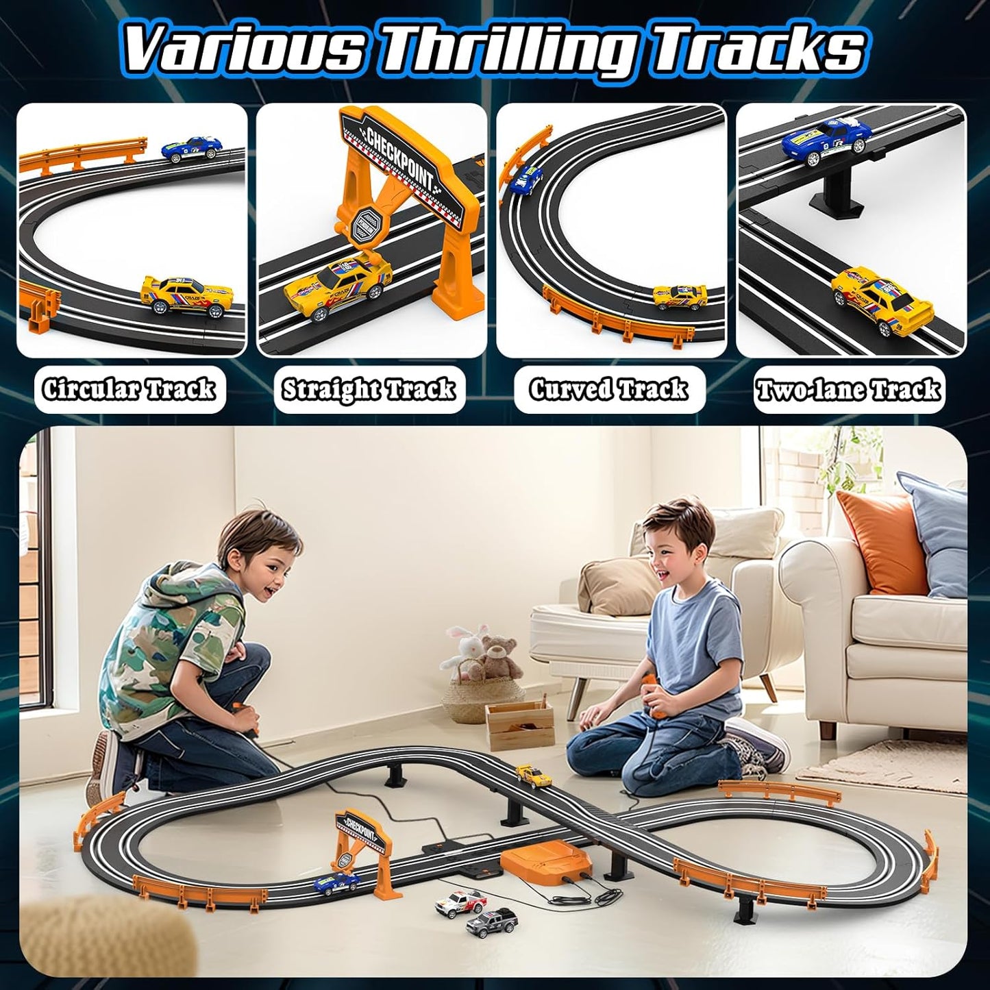Slot Car Race Track Sets for Boys with 2 High-Speed Slot Cars, Battery or Electric Car Track