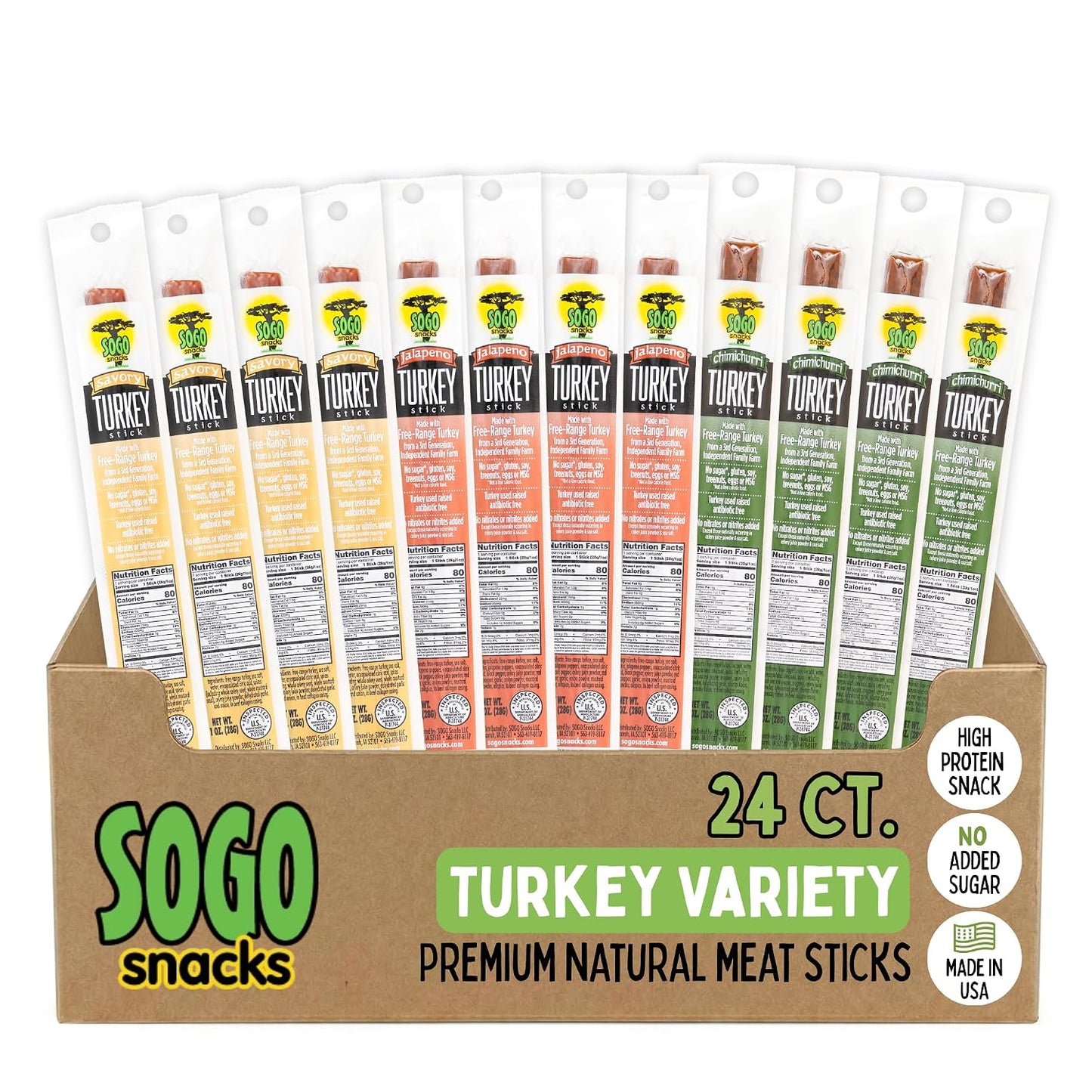 Turkey Jerky Variety Pack – No Sugar, Low Carb, Free-Range, Gluten-Free, Non-GMO, Keto, Paleo & Whole30 Friendly, 1 oz (24 Pack)