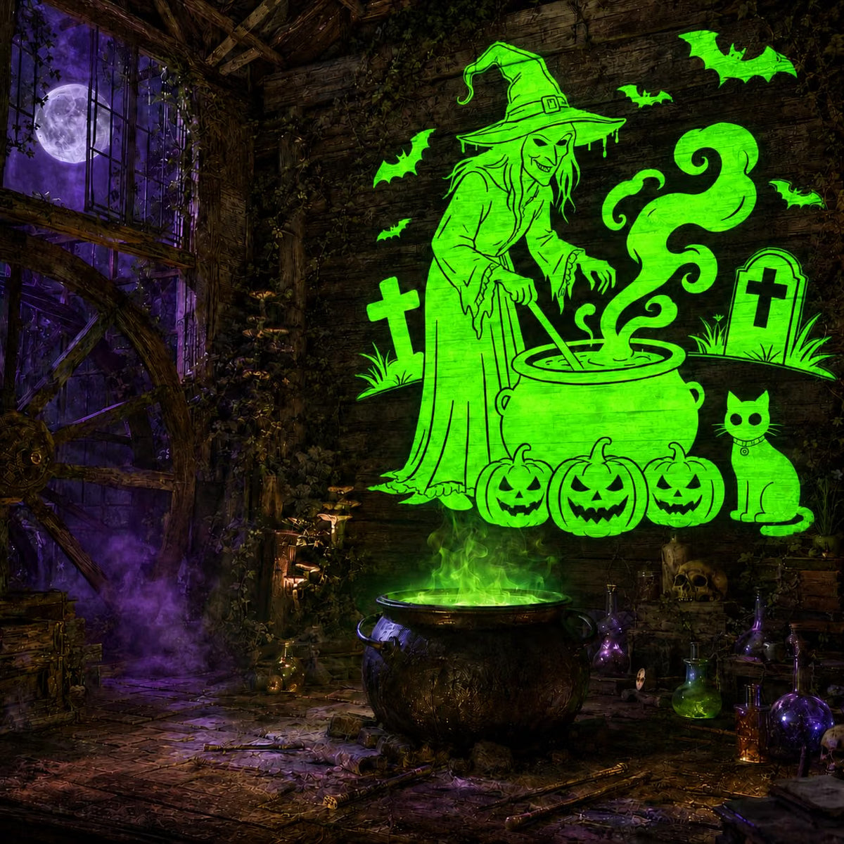 12-in-1 Halloween Projector – 3D Dynamic HD Skull, Spider, Pumpkin & Witch Cauldron Lights for Windows, Garage Doors & Outdoor Décor