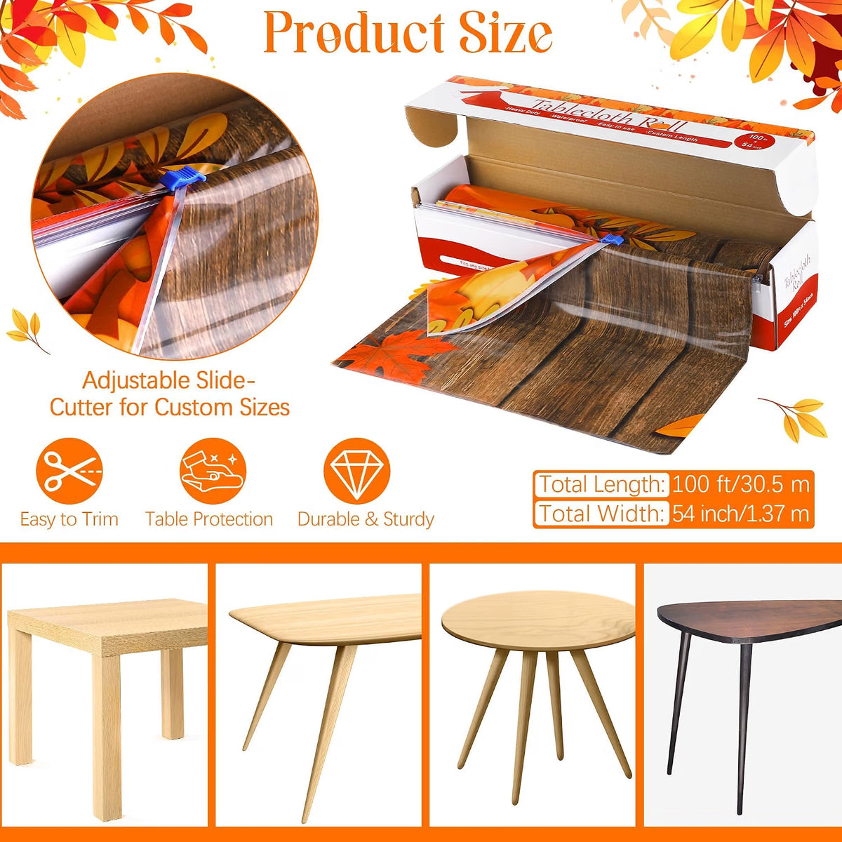 100 FT x 54" Fall Plastic Tablecloth Roll with Cutter – Pumpkin & Maple Leaf Thanksgiving Table Cover for Autumn Harvest Parties
