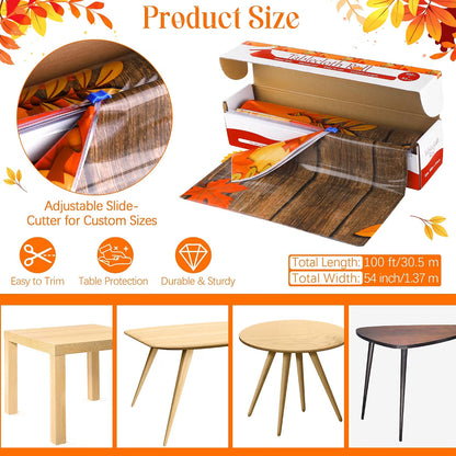 100 FT x 54" Fall Plastic Tablecloth Roll with Cutter – Pumpkin & Maple Leaf Thanksgiving Table Cover for Autumn Harvest Parties