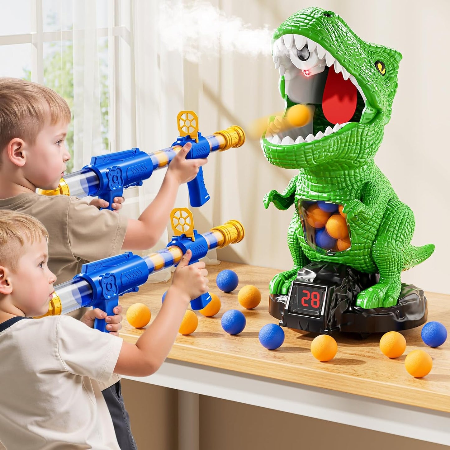 Movable Dinosaur Shooting Game – Electronic Target with 2 Air Pump Guns & 48 Foam Balls (Ages 3–9)