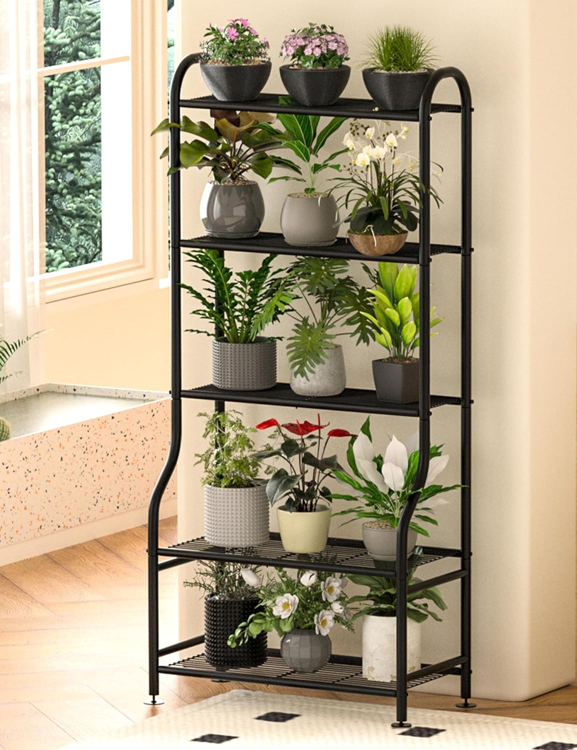 5-Tier Metal Plant Stand – Heavy Duty Waterproof Indoor Outdoor Plant Shelf with Leveling Feet for Living Room, Patio & Garden – Black
