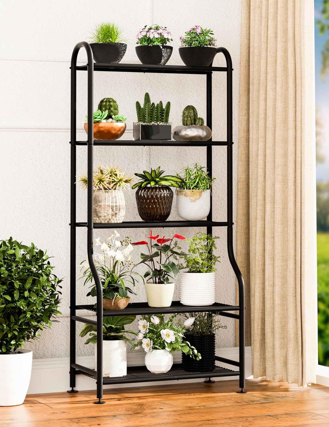 5-Tier Metal Plant Stand – Heavy Duty Waterproof Indoor Outdoor Plant Shelf with Leveling Feet for Living Room, Patio & Garden – Black