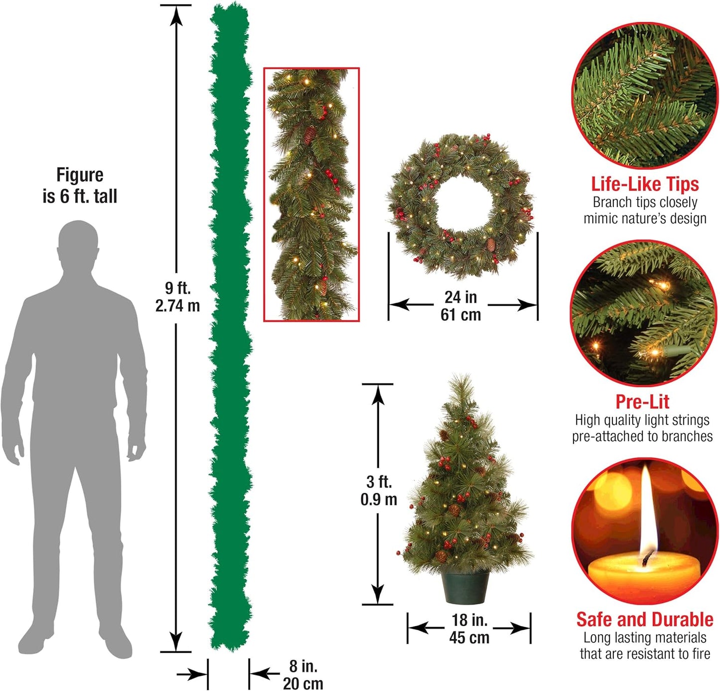 Pre-Lit Christmas Decoration Set - 4 Pieces with Trees, Wreath, and Garland
