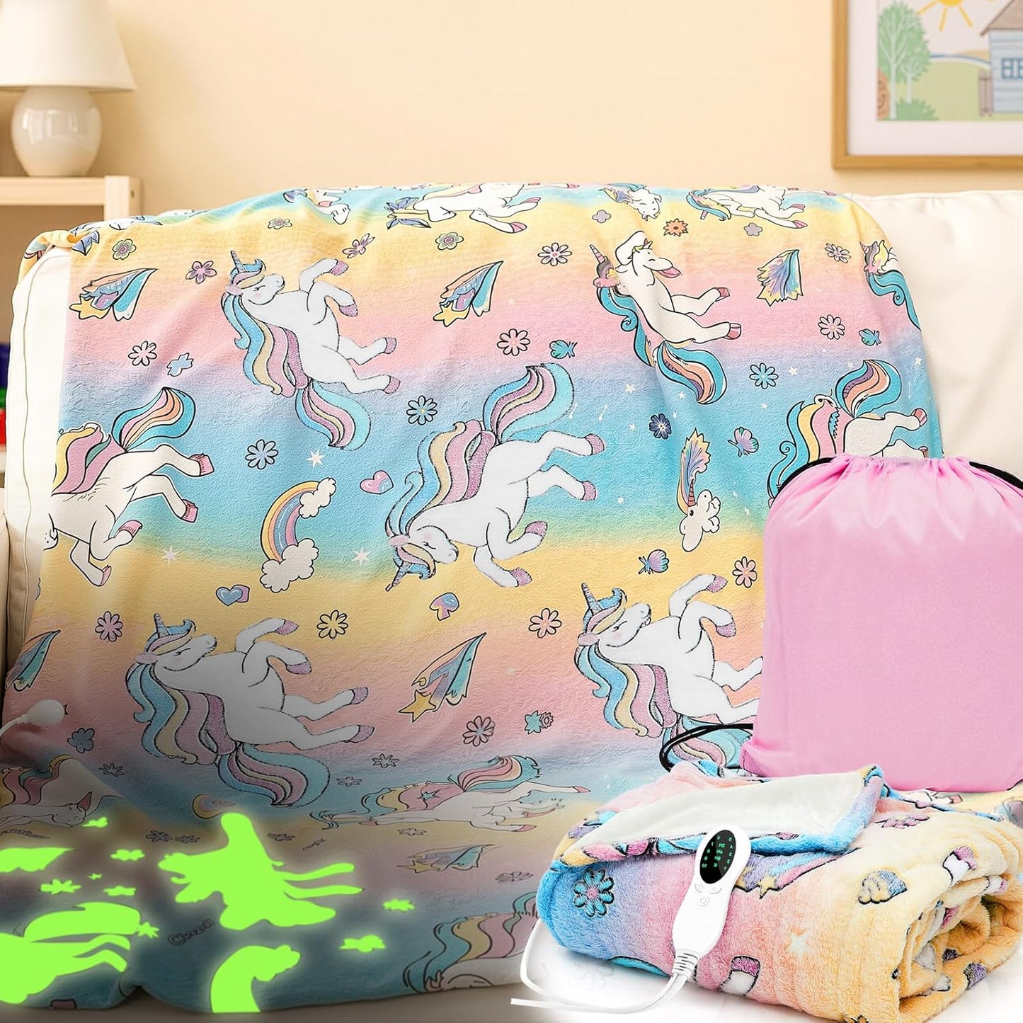 Kids Heated Unicorn Blanket – Glow-in-the-Dark Electric Throw with Auto Shut-Off (50" x 60")