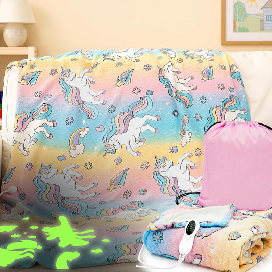 Kids Heated Unicorn Blanket – Glow-in-the-Dark Electric Throw with Auto Shut-Off (50" x 60")