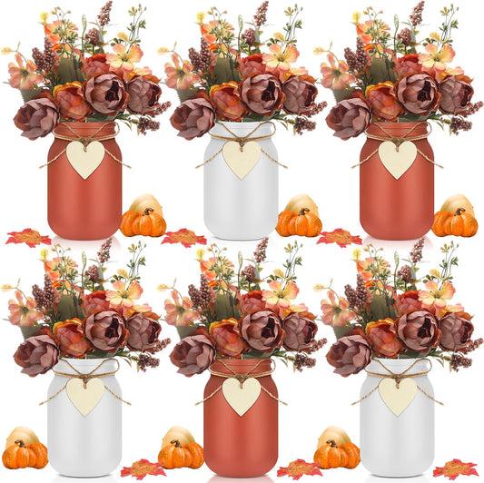6-Pack Fall Mason Jar Centerpieces – Autumn Thanksgiving Table Decorations for Home & Dining Décor