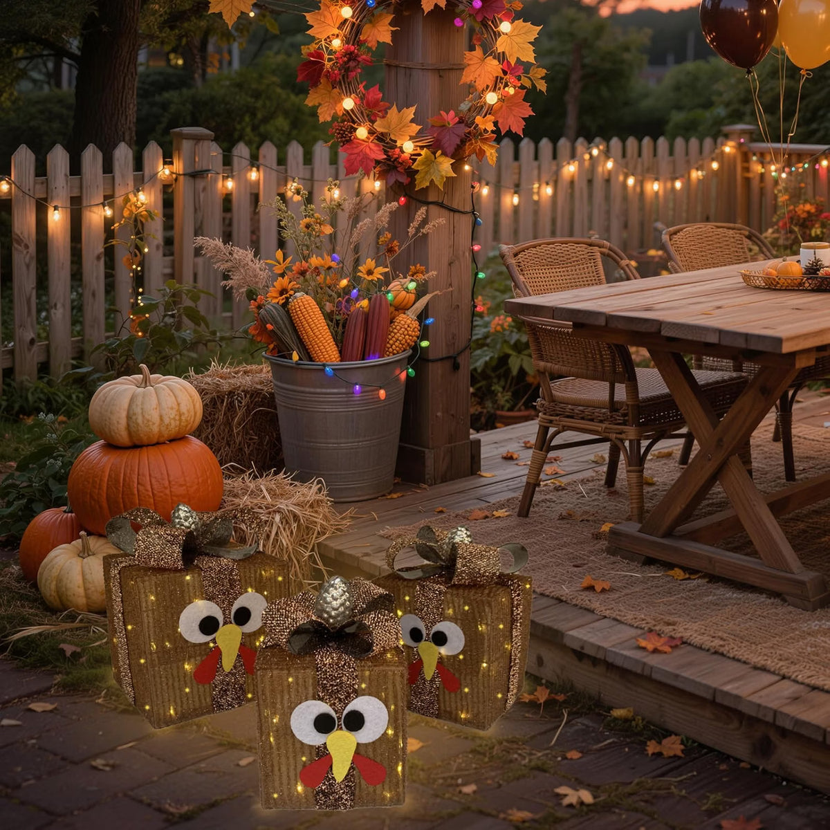 Light-Up Thanksgiving Turkey Gift Boxes – 80-Light Prelit Fall Porch & Table Decorations with 8 Modes & Timer