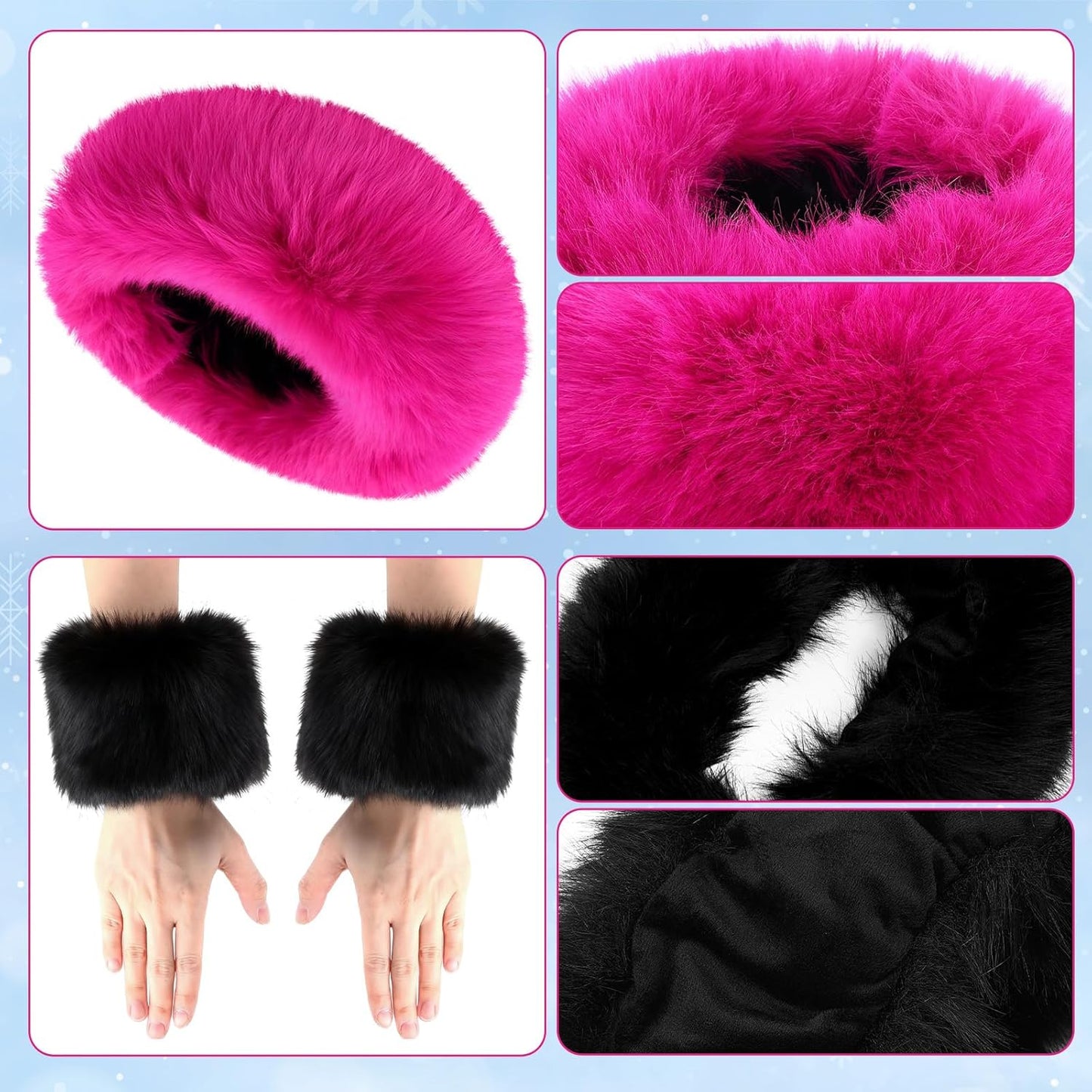 6-Piece Faux Fur Winter Accessories Set – Ear Warmer Headband, Wrist Cuffs & Leg Warmers (Rose Red/Black)