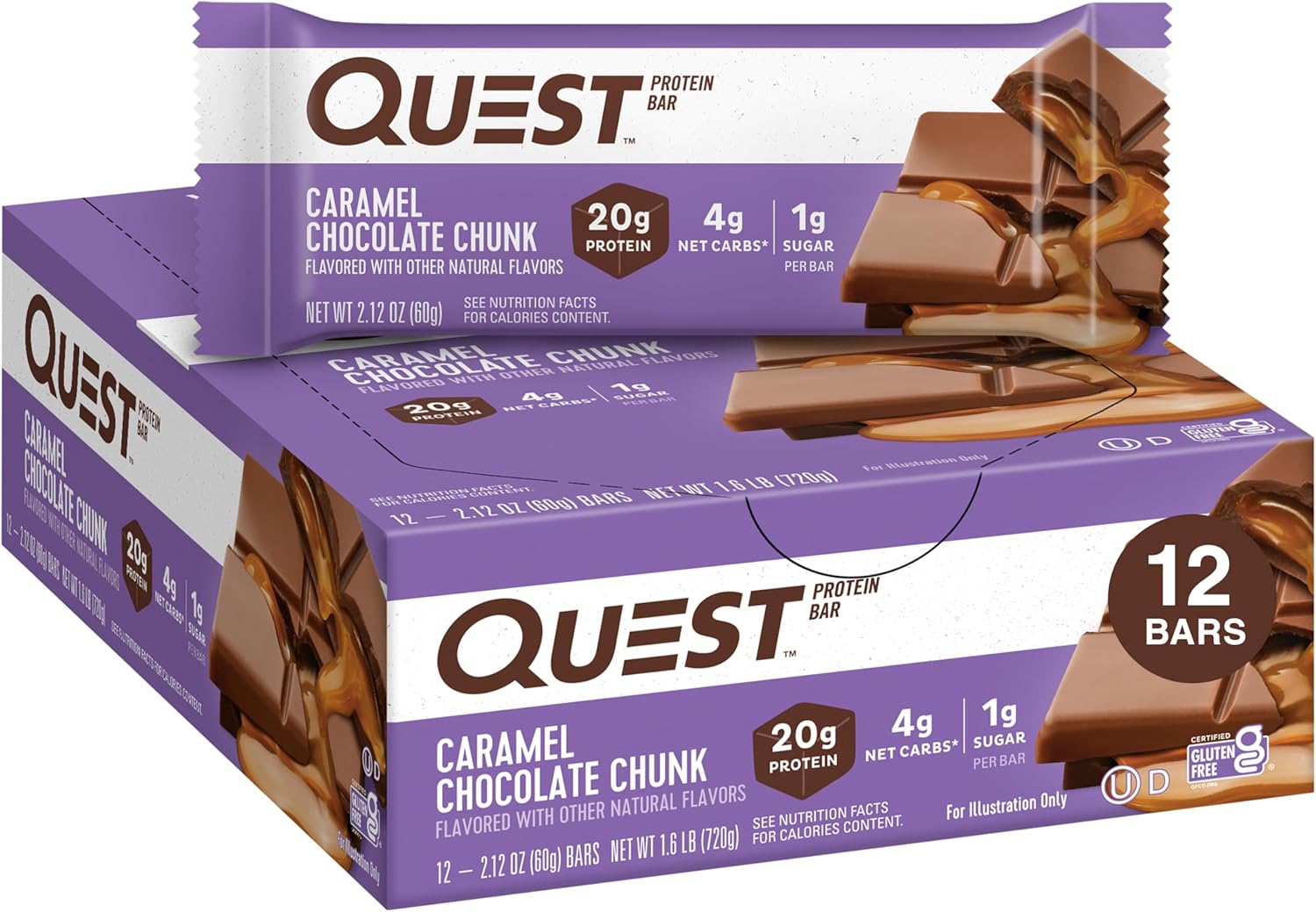 12-Count Quest Nutrition Caramel Chocolate Chunk Bars – 20g Protein, 1g Sugar, Keto Friendly