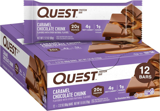 12-Count Quest Nutrition Caramel Chocolate Chunk Bars – 20g Protein, 1g Sugar, Keto Friendly
