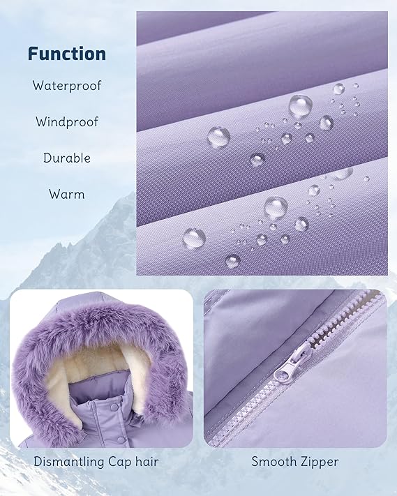 Girls’ Winter Puffer Jacket – Thick Warm Hooded Parka for Cold Weather (Purple, Ages 11–12)