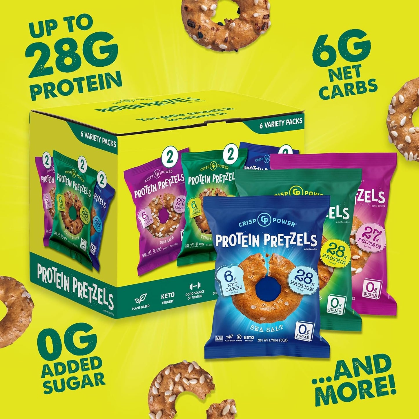 High-Protein Pretzel Variety Pack – Sea Salt, Sesame & Everything – Up to 28g Protein, High Fiber, Low Carb, No Added Sugar – 6 Pack – Vegan & Keto