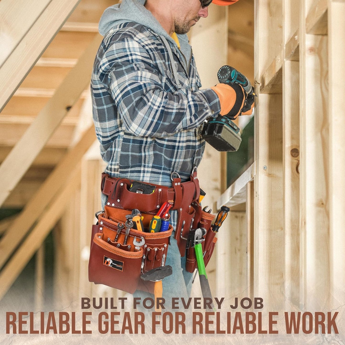 Premium 25 Pocket Heavy-Duty Tool Belt – Oil Tanned Carpenter Pouch for Construction & Electricians – Black X-Large (Leather)