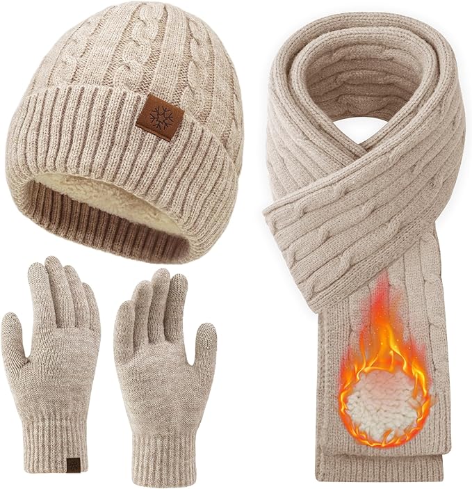 Women’s Winter Beanie, Scarf & Touchscreen Gloves Set – Fleece-Lined Knit Gift
