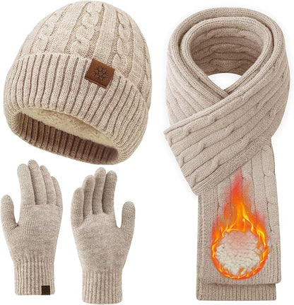 Women’s Winter Beanie, Scarf & Touchscreen Gloves Set – Fleece-Lined Knit Gift