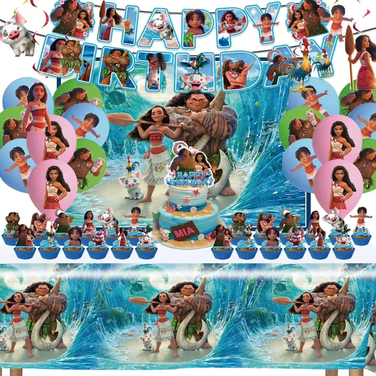 Moana Birthday Party Decorations Set – Banner, Backdrop, Balloons, Tablecloth, Cake & Cupcake Toppers, Hanging Swirls