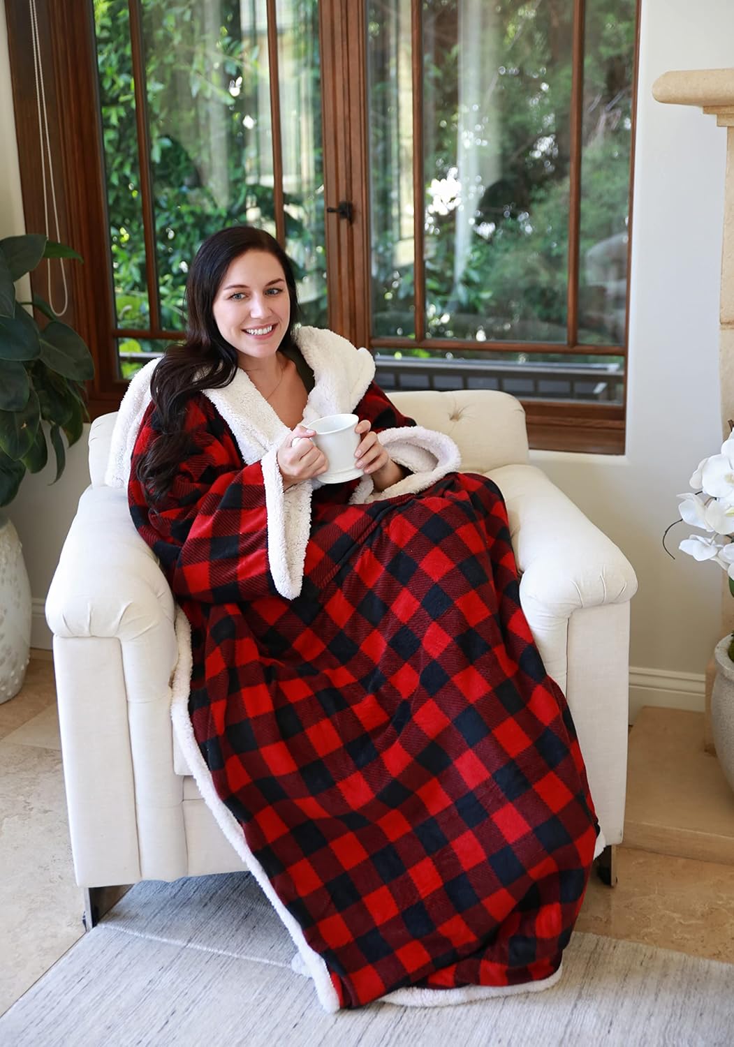Sherpa Wearable Blanket with Sleeves – Super Soft, Warm Fleece TV Throw for Adults (Buffalo Plaid)
