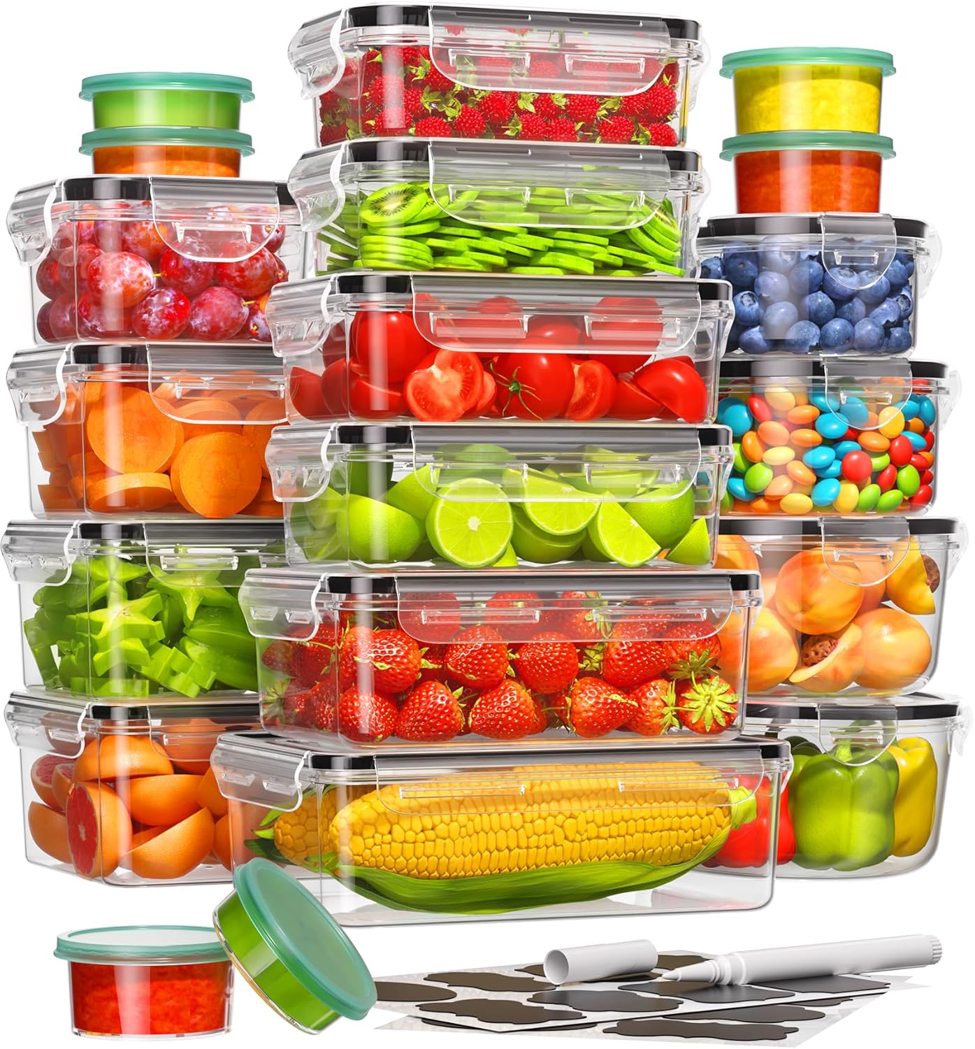 Plastic Food Storage Containers with Lids, BPA-Free, Complete with Labels and Pen