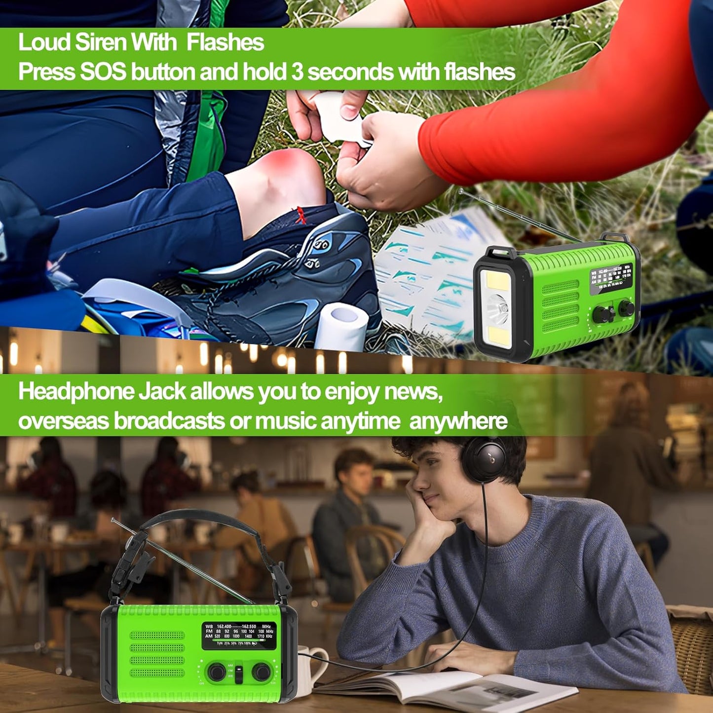 74,000mWh Emergency Radio – NOAA Weather, Hand Crank & Solar, USB-C, Flashlight & SOS