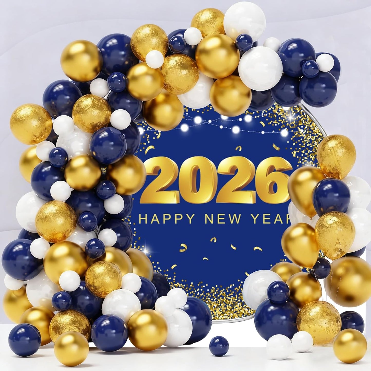 2026 Happy New Year Backdrop – 6ft Round Gold & Blue Party Photography Banner