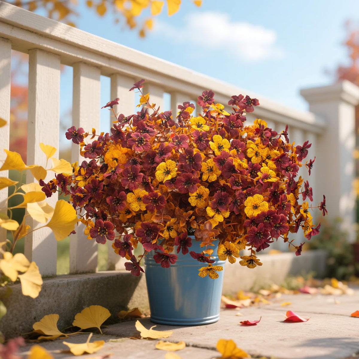 16-Bundle Artificial Fall Mums with Eucalyptus – UV-Resistant Orange Faux Flowers for Outdoor Porch, Planters & Thanksgiving Décor