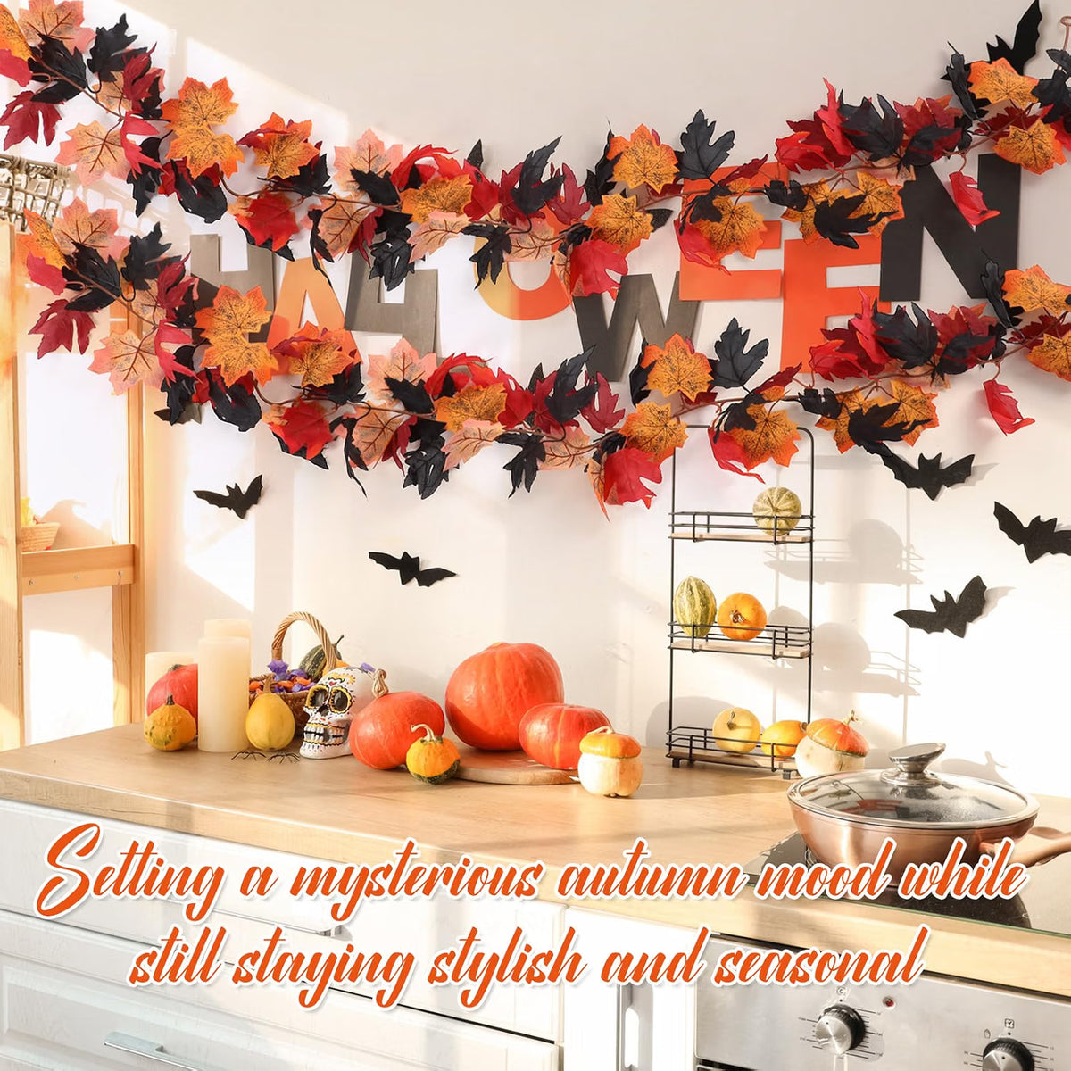12-Pack Fall Leaf Garland – 5.7 FT Black & Red Autumn Hanging Vines for Thanksgiving & Harvest Décor