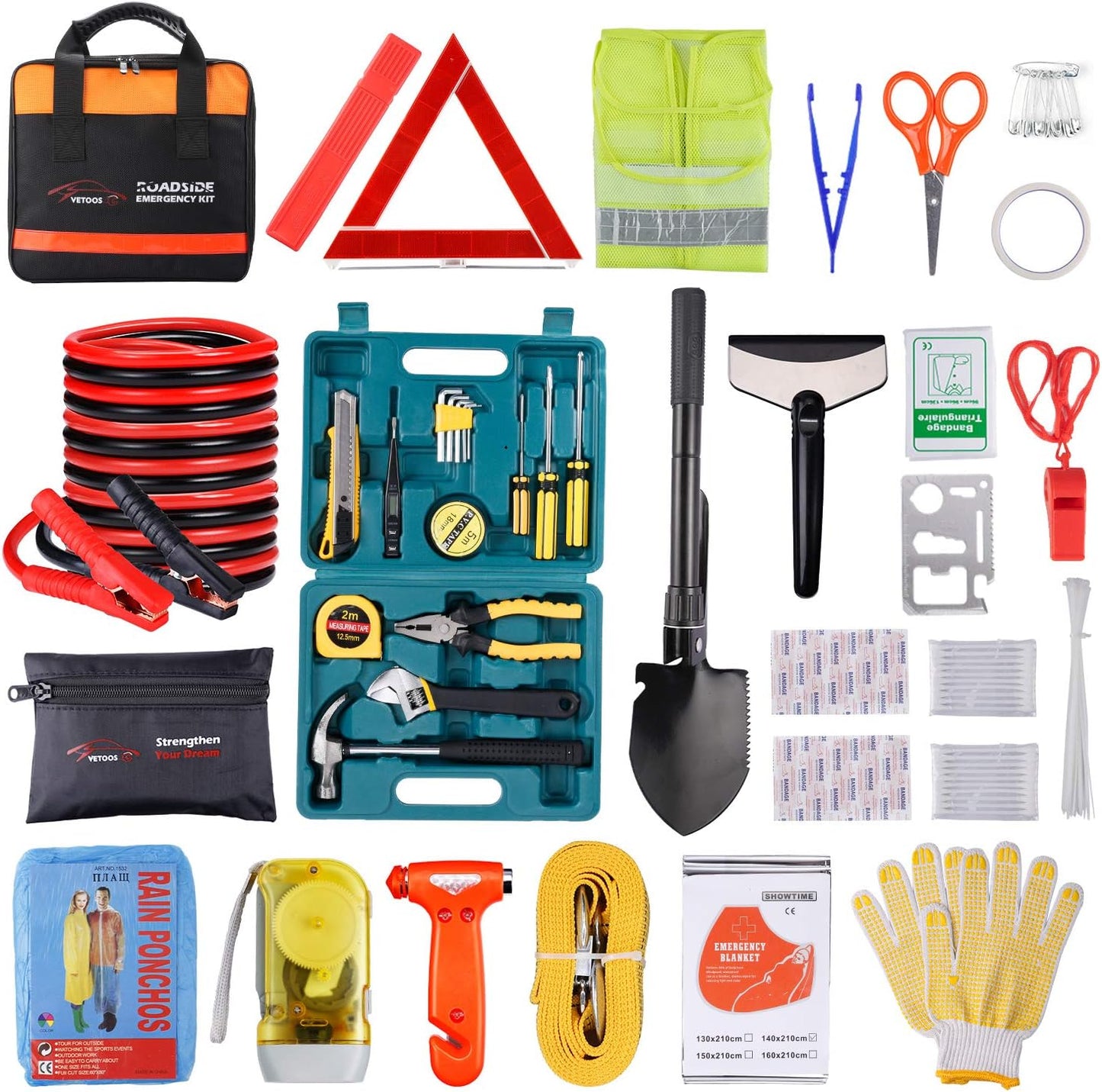 Car Roadside Emergency Kit – Jumper Cables, Safety Tools, Winter Essentials & Folding Survival Shovel