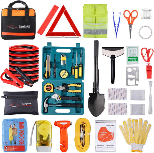 Car Roadside Emergency Kit – Jumper Cables, Safety Tools, Winter Essentials & Folding Survival Shovel
