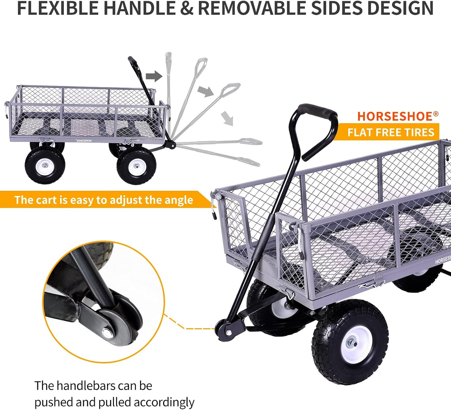 Heavy-Duty Steel Mesh Garden Cart Utility Wagon – 880 lb Capacity with Never-Flat Tires, Removable Sides & Liner, Gray