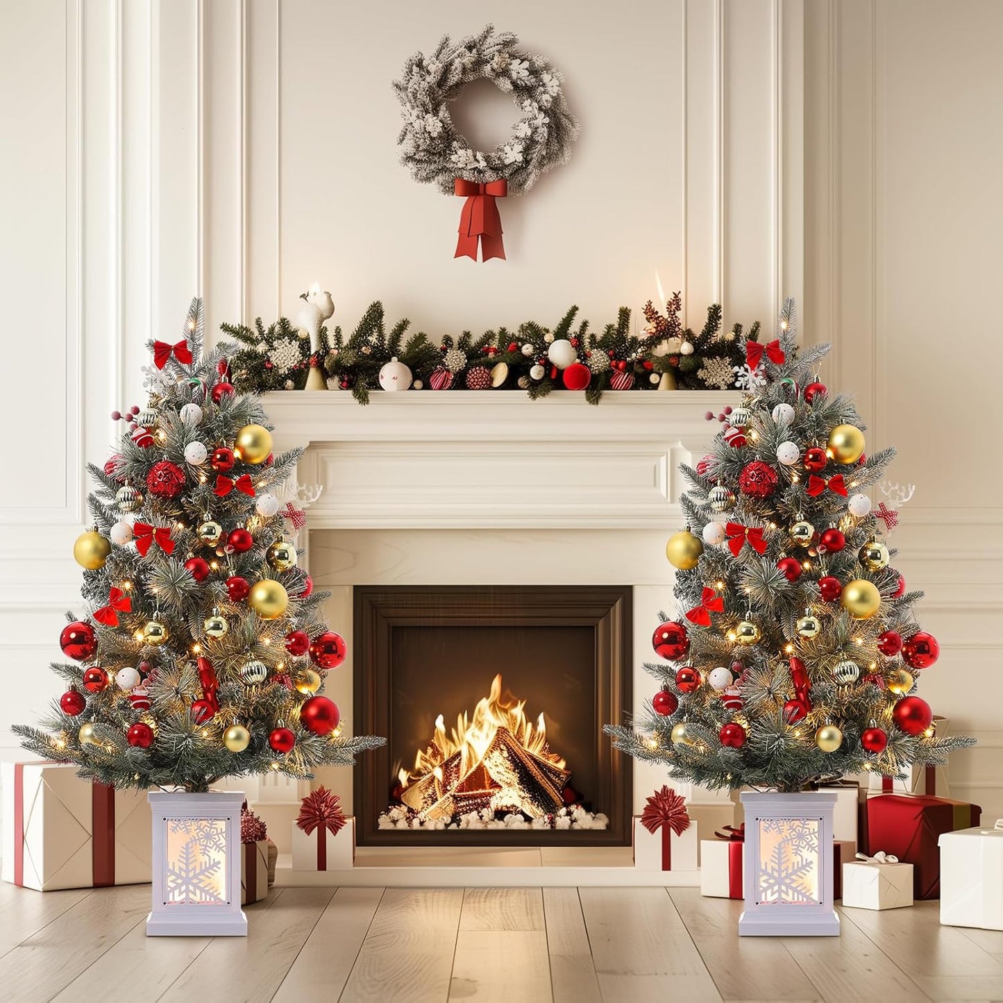 Set of 2 - 3ft Prelit Christmas Trees with 78 Warm Lights & Snowflake Base