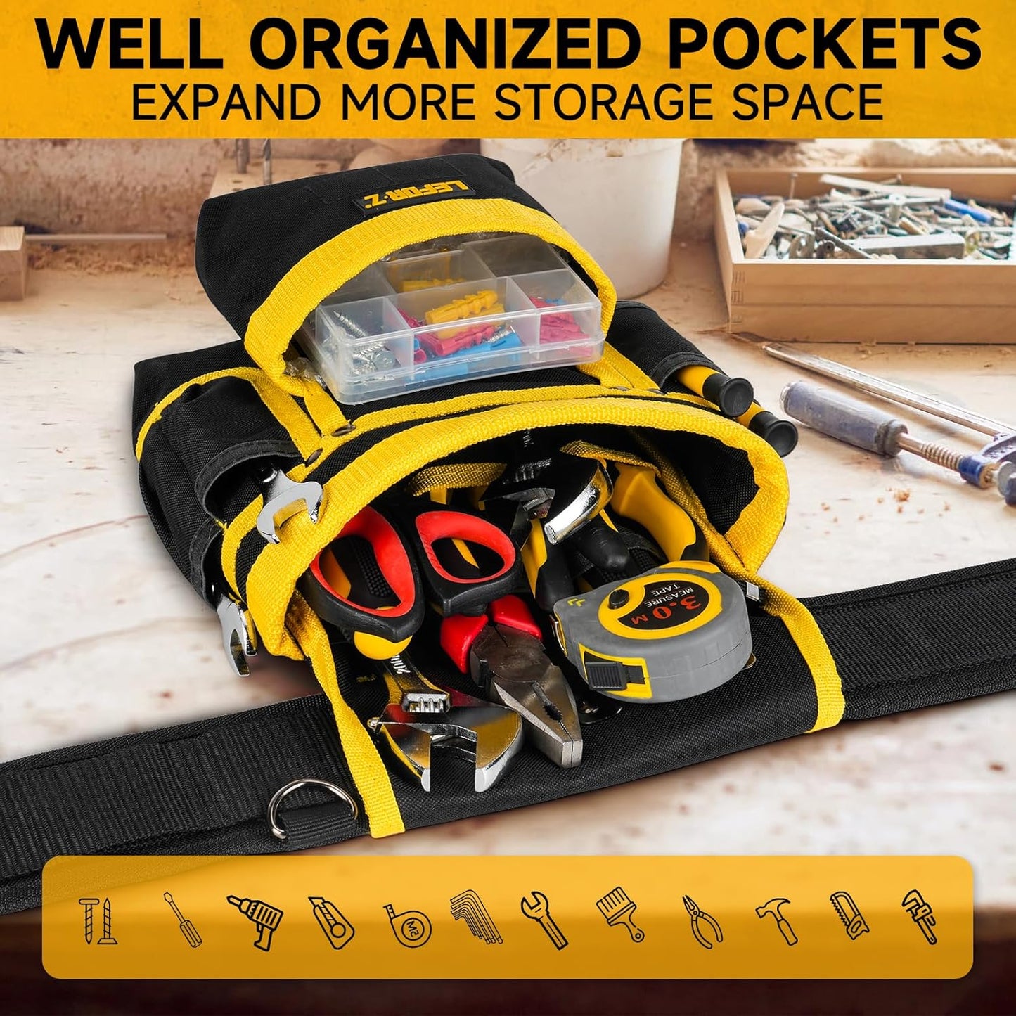 Tool Belt with Suspenders for Men–27 Pocket Heavy-Duty Adjustable Work Belt for Electrician, Carpenter & Construction