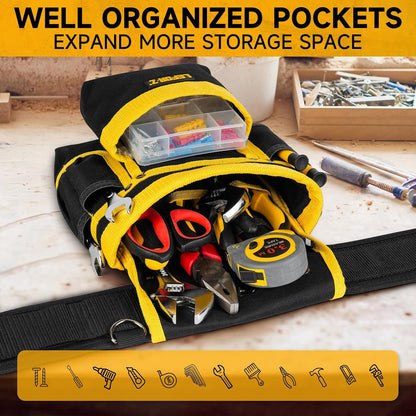 Tool Belt with Suspenders for Men–27 Pocket Heavy-Duty Adjustable Work Belt for Electrician, Carpenter & Construction