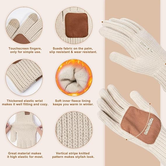 3-in-1 Winter Beanie Hat Scarf Gloves Set for Women with Pom Pom Long Scarf Neck Warmer Touchscreen Gloves