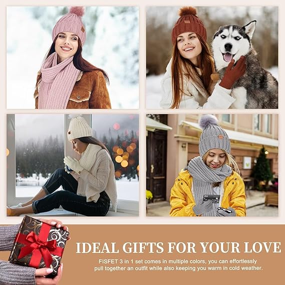 3-in-1 Winter Beanie Hat Scarf Gloves Set for Women with Pom Pom Long Scarf Neck Warmer Touchscreen Gloves