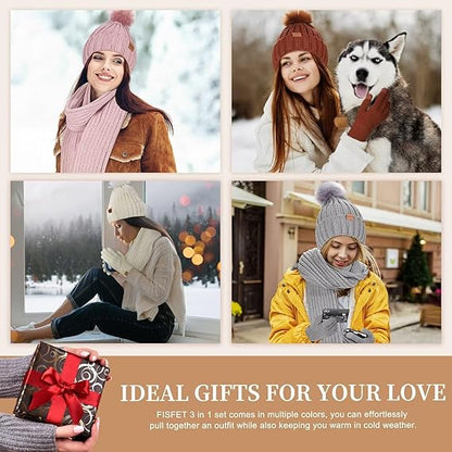 3-in-1 Winter Beanie Hat Scarf Gloves Set for Women with Pom Pom Long Scarf Neck Warmer Touchscreen Gloves