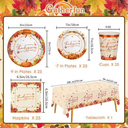Thanksgiving Tableware Set for 25 – Maple Leaf Paper Plates, Napkins, Cups & Plastic Tablecloth for Fall Dinner Parties