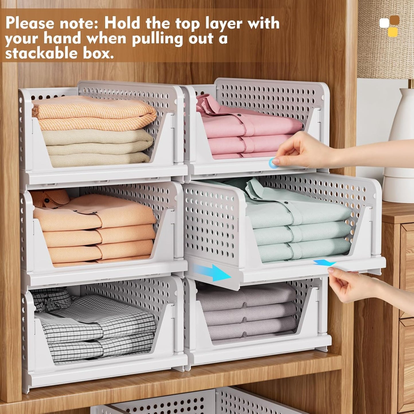5 Pack Stackable Closet Storage Baskets – Foldable Space-Saving Organizer Drawers – White