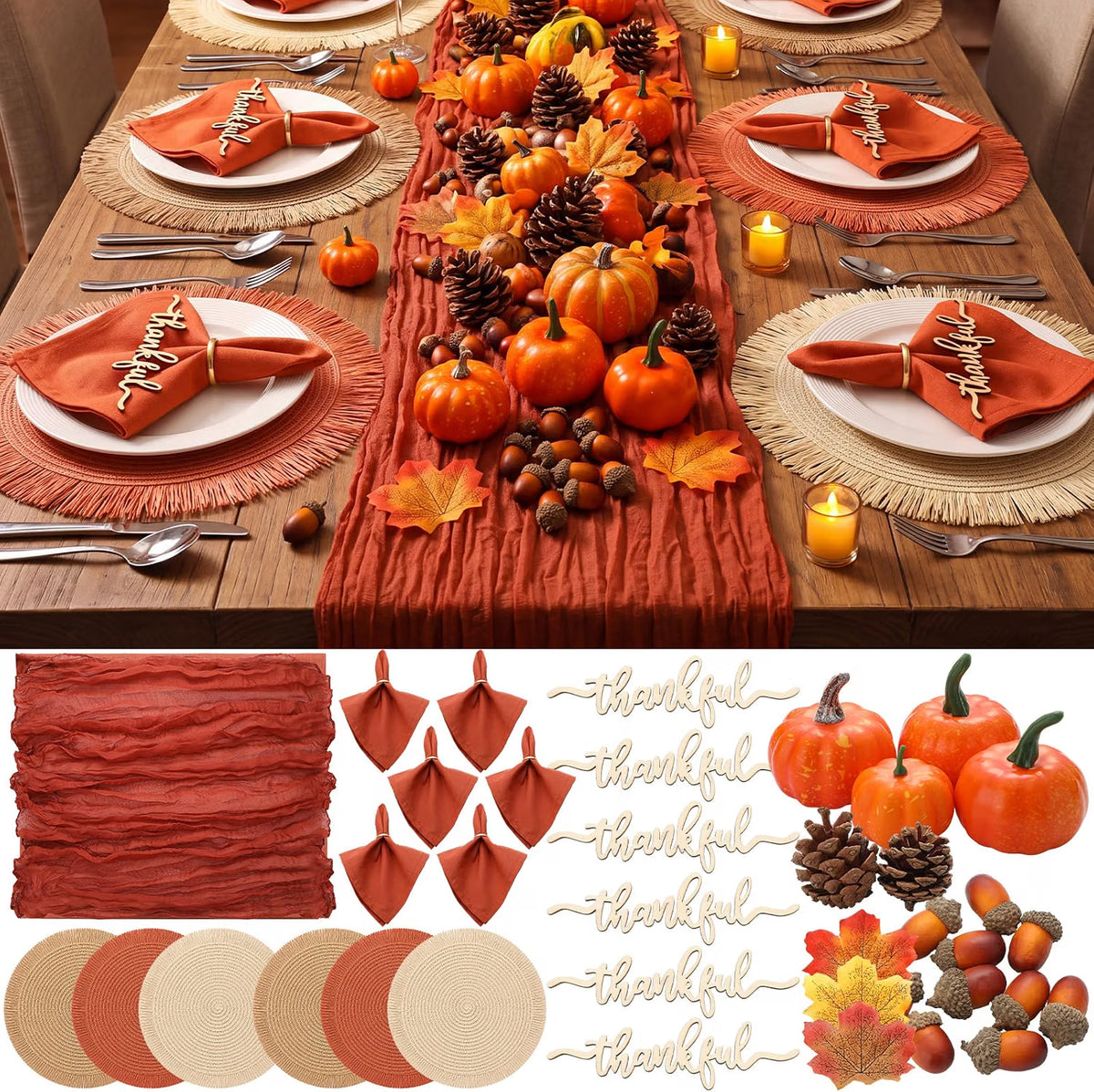 6-Piece Fall Thanksgiving Placemats – Autumn Table Décor Set for 6 People