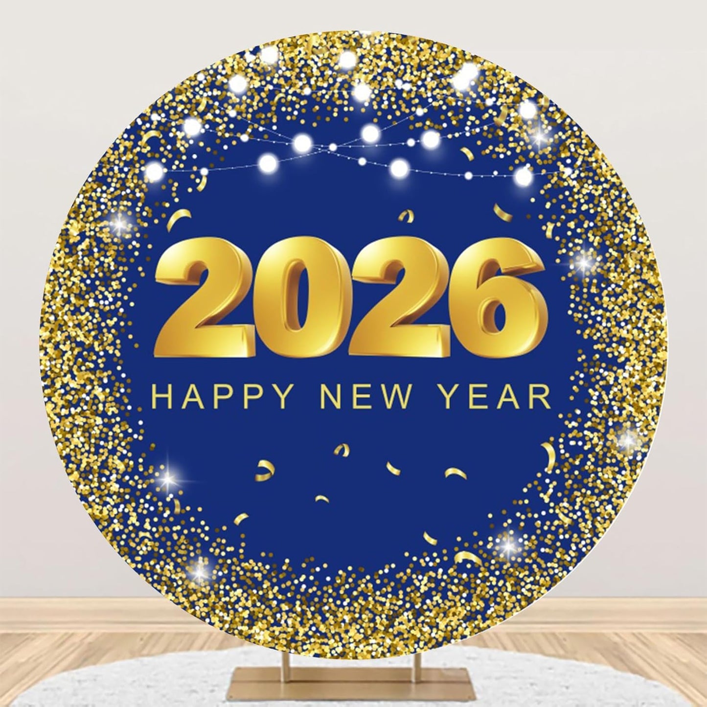 2026 Happy New Year Backdrop – 6ft Round Gold & Blue Party Photography Banner