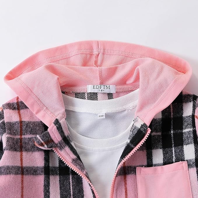 Girls’ 2-Piece Plaid Hoodie & Jogger Sweatpants Set – Zip-Up Flannel Outfit (Ages 7–8)