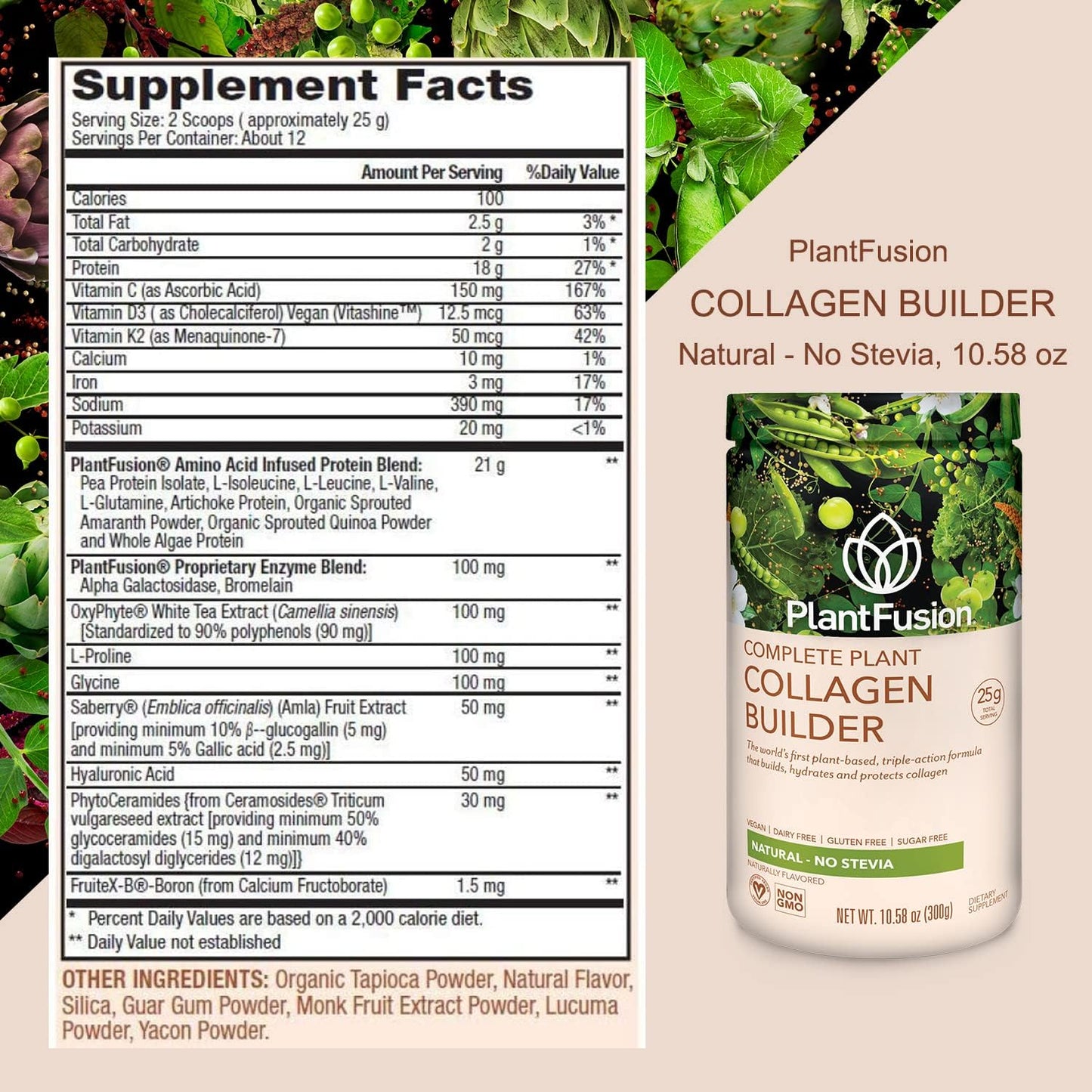 PlantFusion Vegan Collagen Powder - Unflavored, Plant-Based Protein for Hair, Skin & Joints