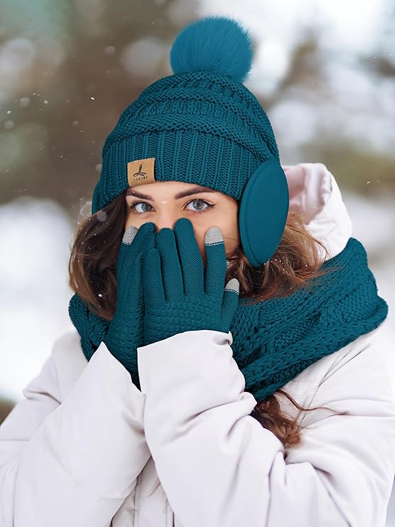 Women’s Winter Beanie, Scarf, Touchscreen Gloves & Ear Warmer Set – Warm Knit Gift